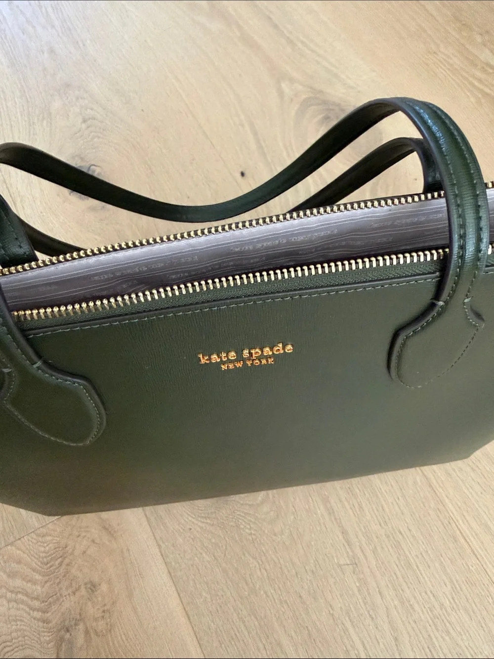 kate spade olive green Saffiano leather tote with gold logo